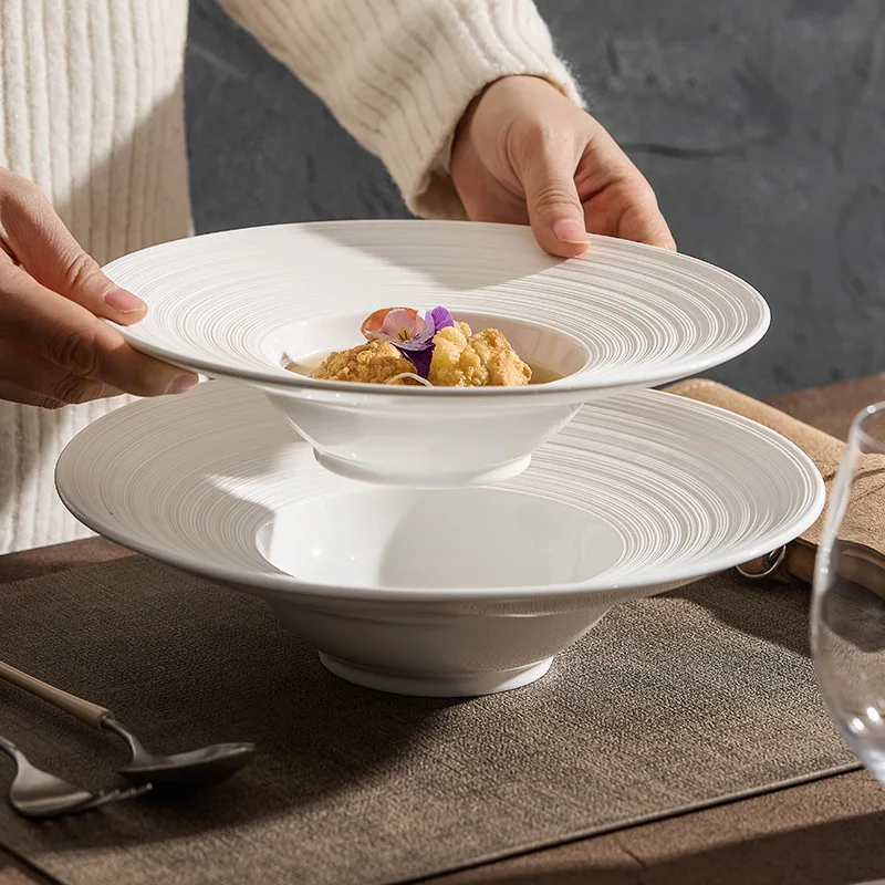Food Snacks Restaurant - Line Striped Ceramic Plate Restaurant Thick